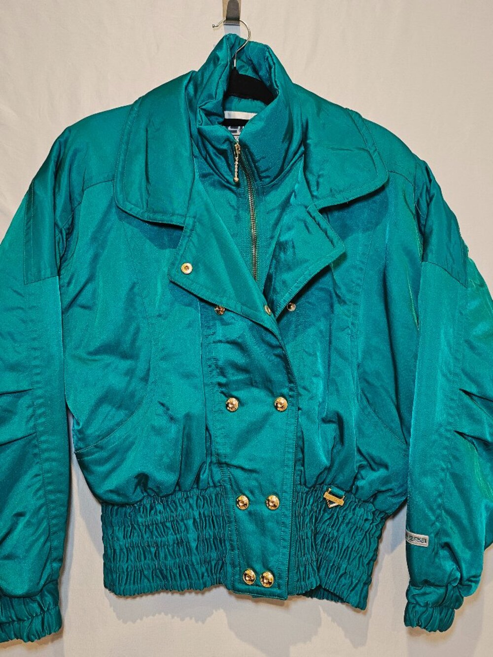Vtg Fera Skiwear Teal Emerald Green Puffer Jacket Women's 10 Gold Button 80s 90s
